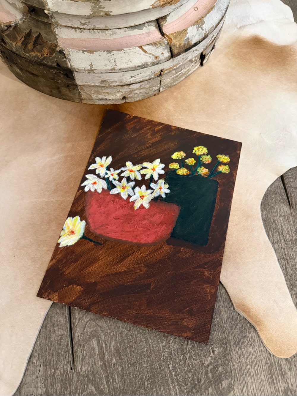 Hand-Painted Floral Still Life Art Original Painting - Red and Dark Green